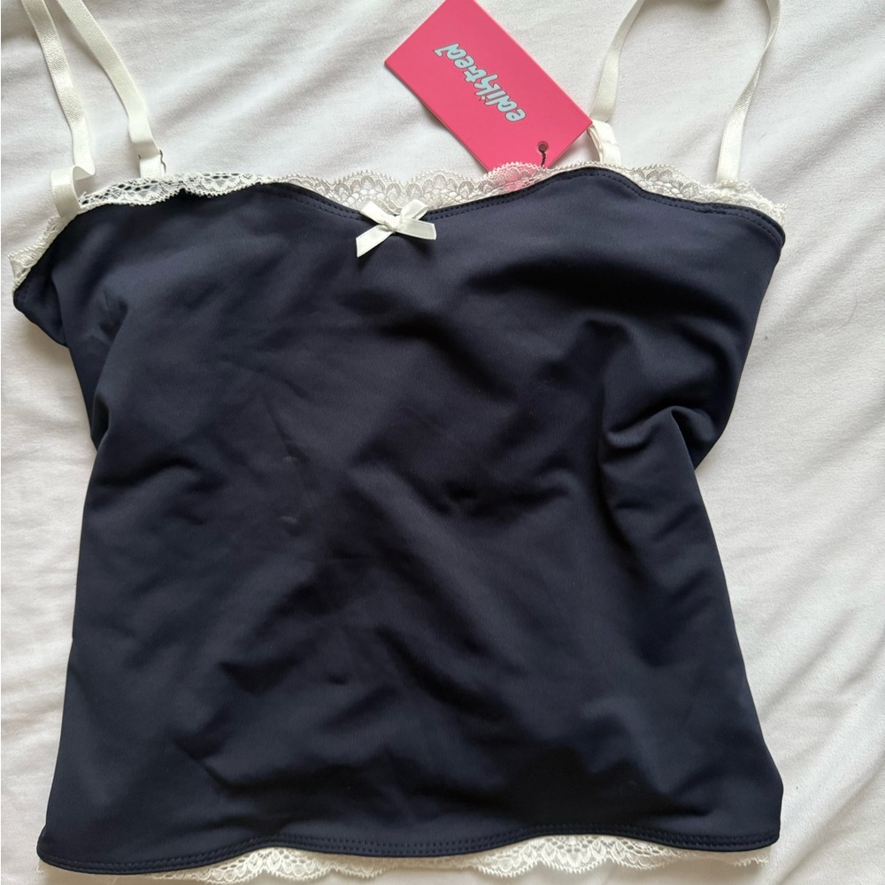 Elegant Navy Camisole with Lace and Bow